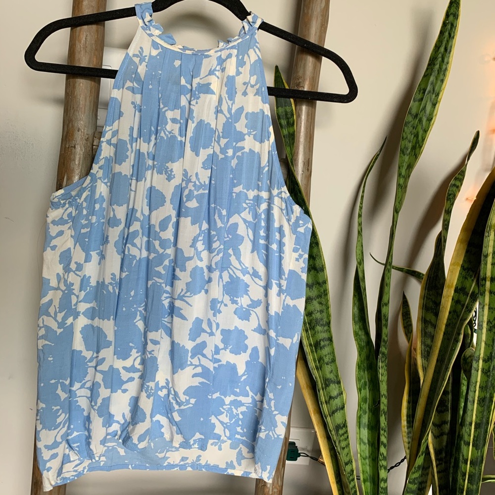 Blue High Neck Ruffle Tank Top